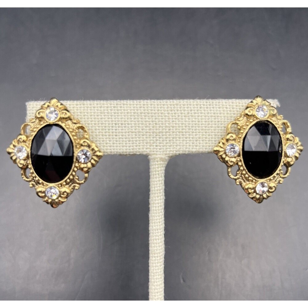 1928 Rhinestone Clip On Earrings Gold Tone Black Clear Elegant Open Work Vintage